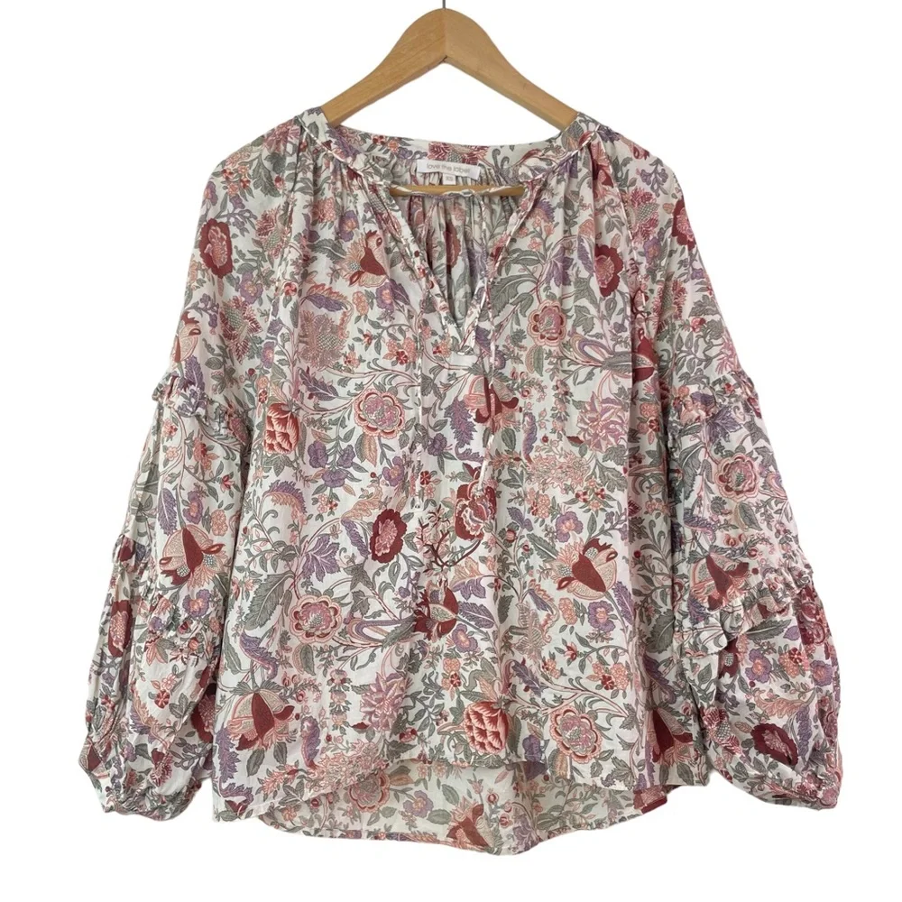 Anthropologie Love The Label Floral Peasant Boho Balloon Puff Sleeve Top Size XS